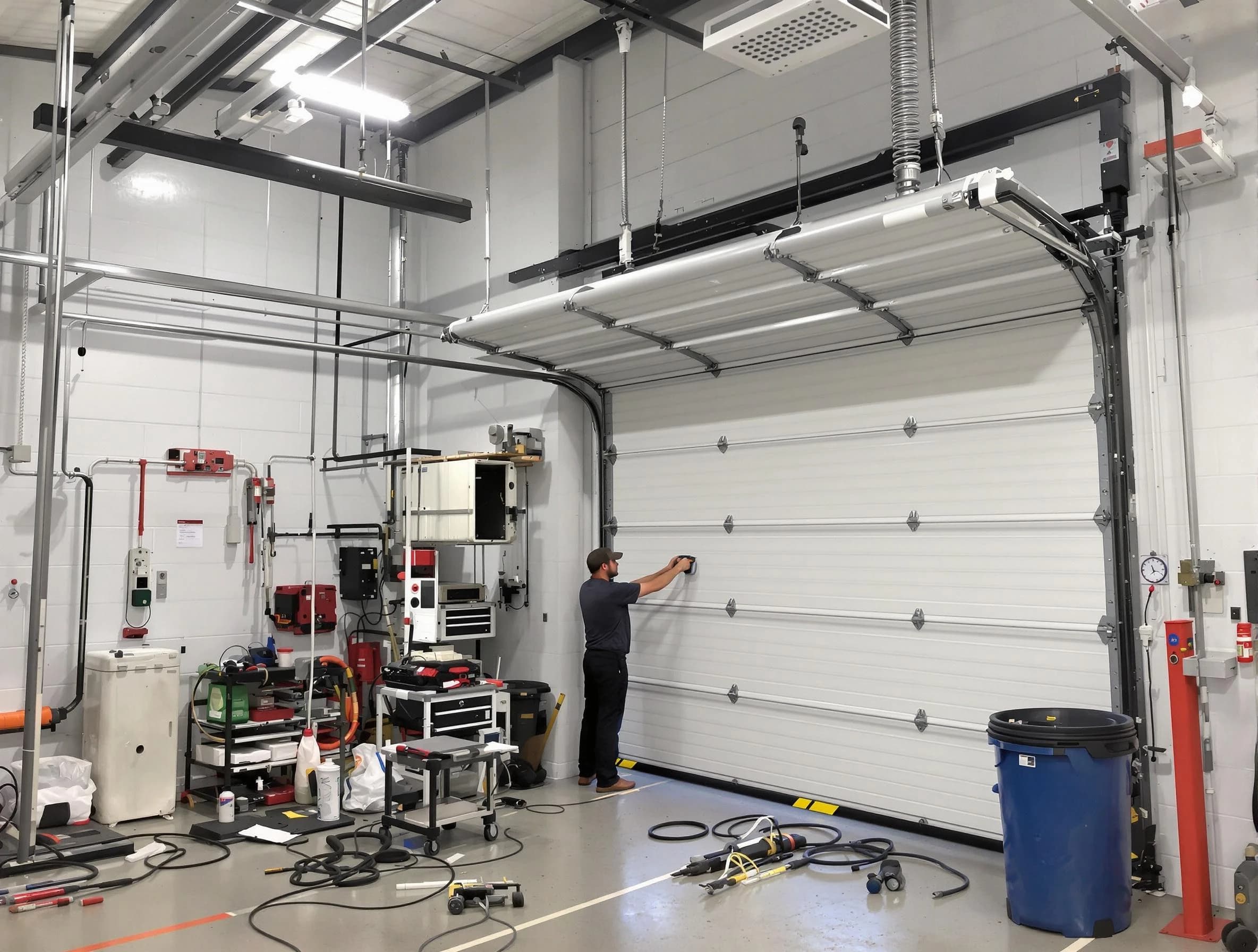 Plum Garage Door Repair certified technician performing commercial door repair at a Plum business facility