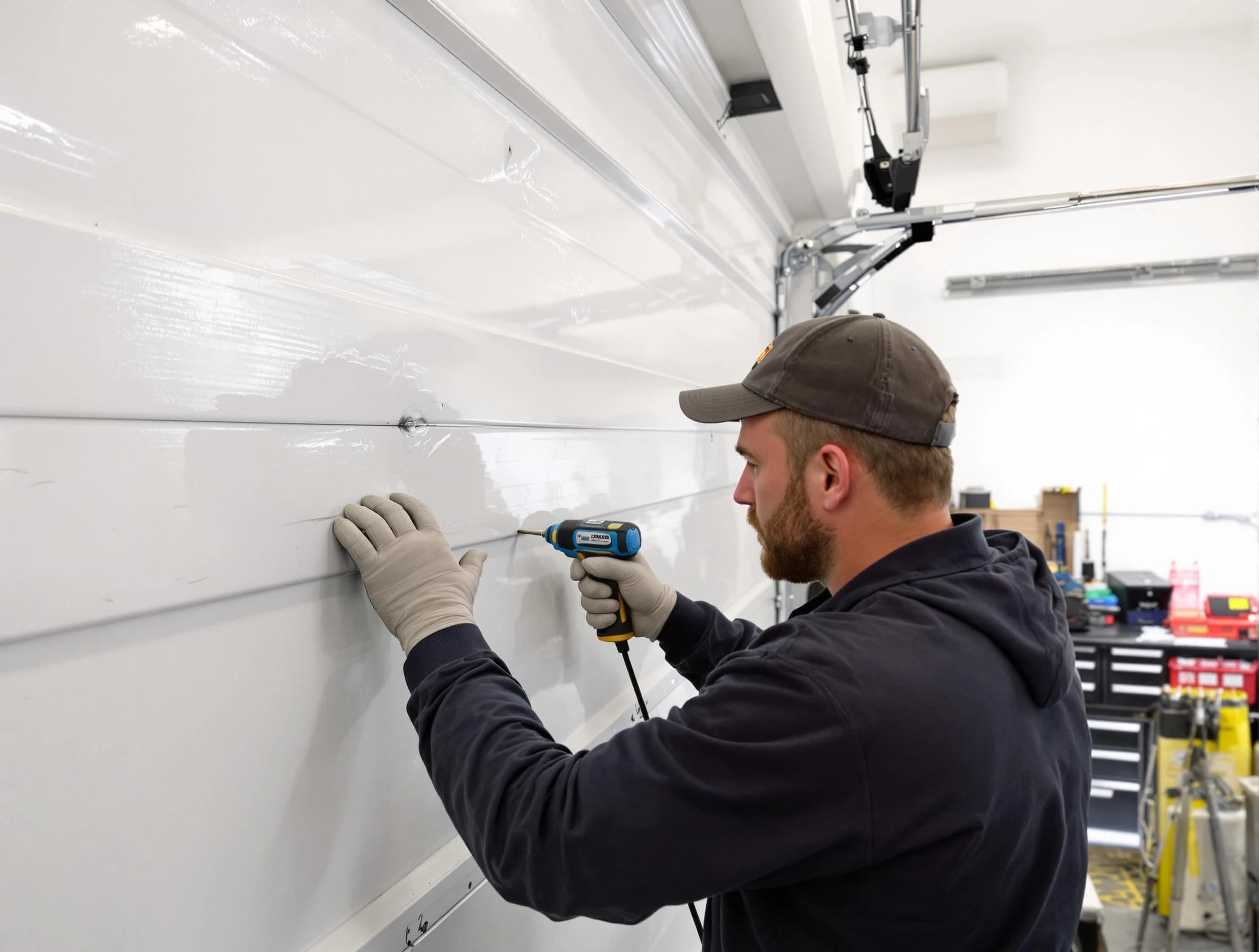 Plum Garage Door Repair technician demonstrating precision dent removal techniques on a Plum garage door