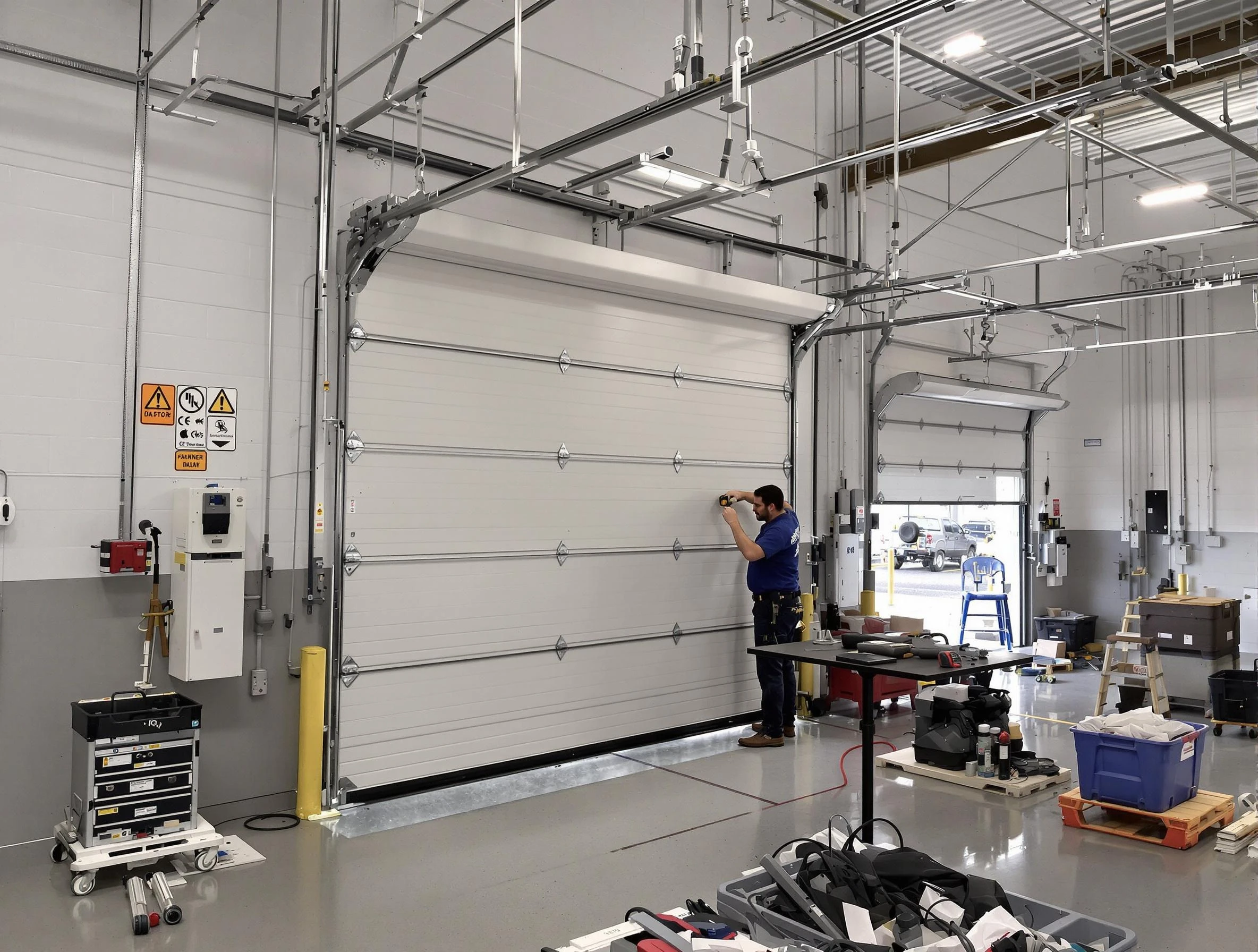 Commercial garage door repair being performed by Plum Garage Door Repair expert in Plum